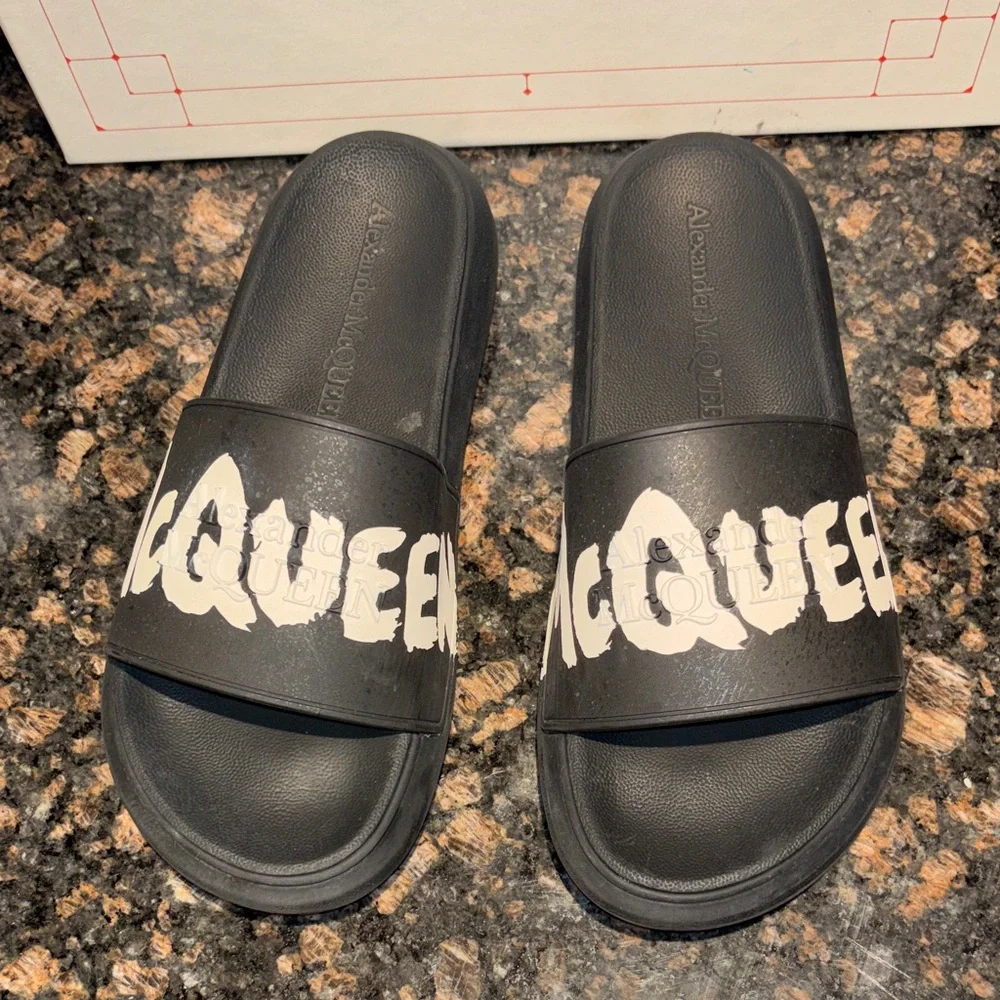 Alexander McQueen Black Leather Logo Slide Sandals with White Graphic